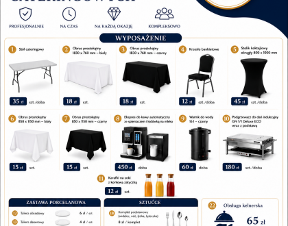 Oferta wynajmu wyposażenia i usług cateringowych.