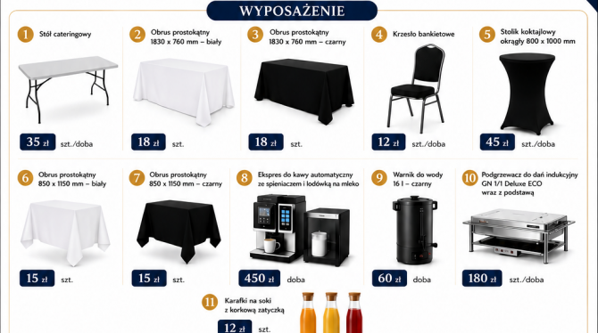 Oferta wynajmu wyposażenia i usług cateringowych.