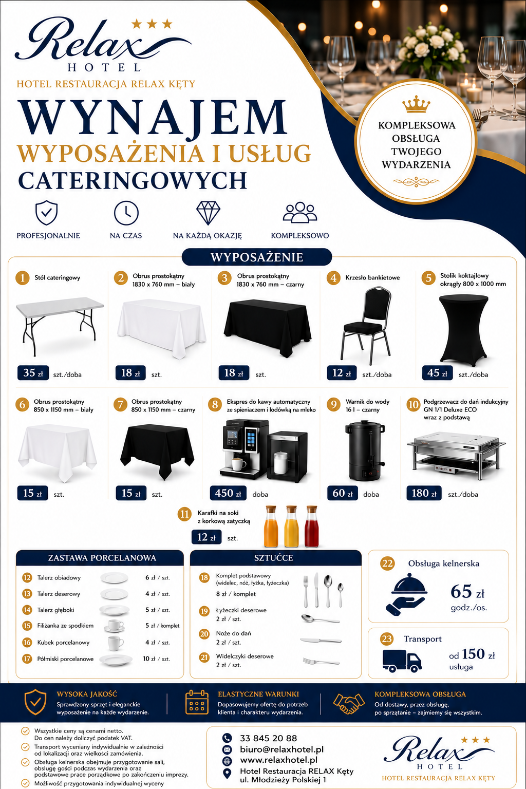 Oferta wynajmu wyposażenia i usług cateringowych.